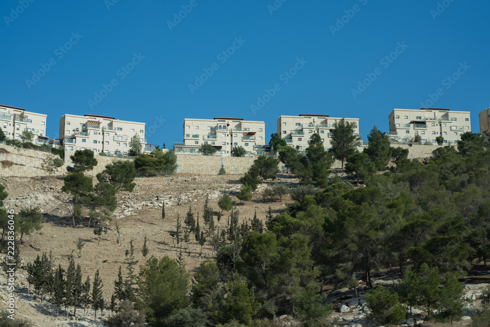 Close up of Jerusalem apartments shot between the trees from the road level