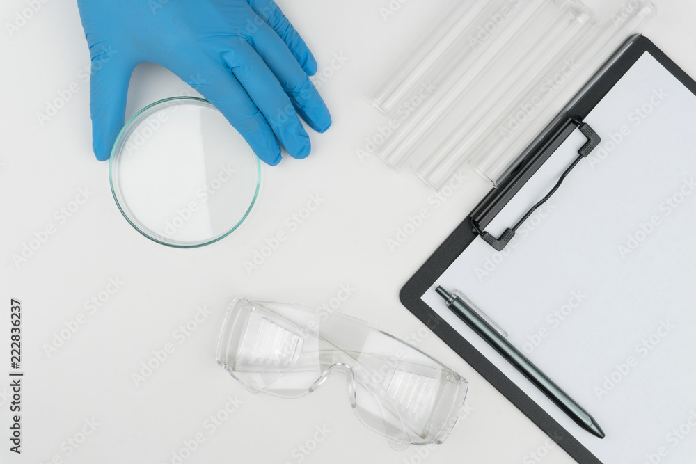 laboratory scene, the scientist holding a Petri dish, the test tubes ...