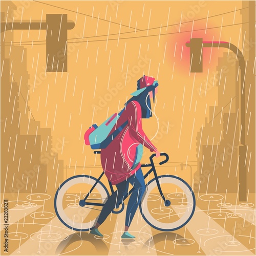 giel with bike in the rain