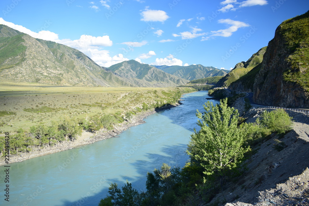 Katun turquoise river valley in Altai mountains
