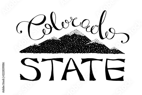 black and white colorado state vector illustration. monochrome typography lettering logo template with text and colorado mountains. pikes peak vintage design. old t-shirt print design.