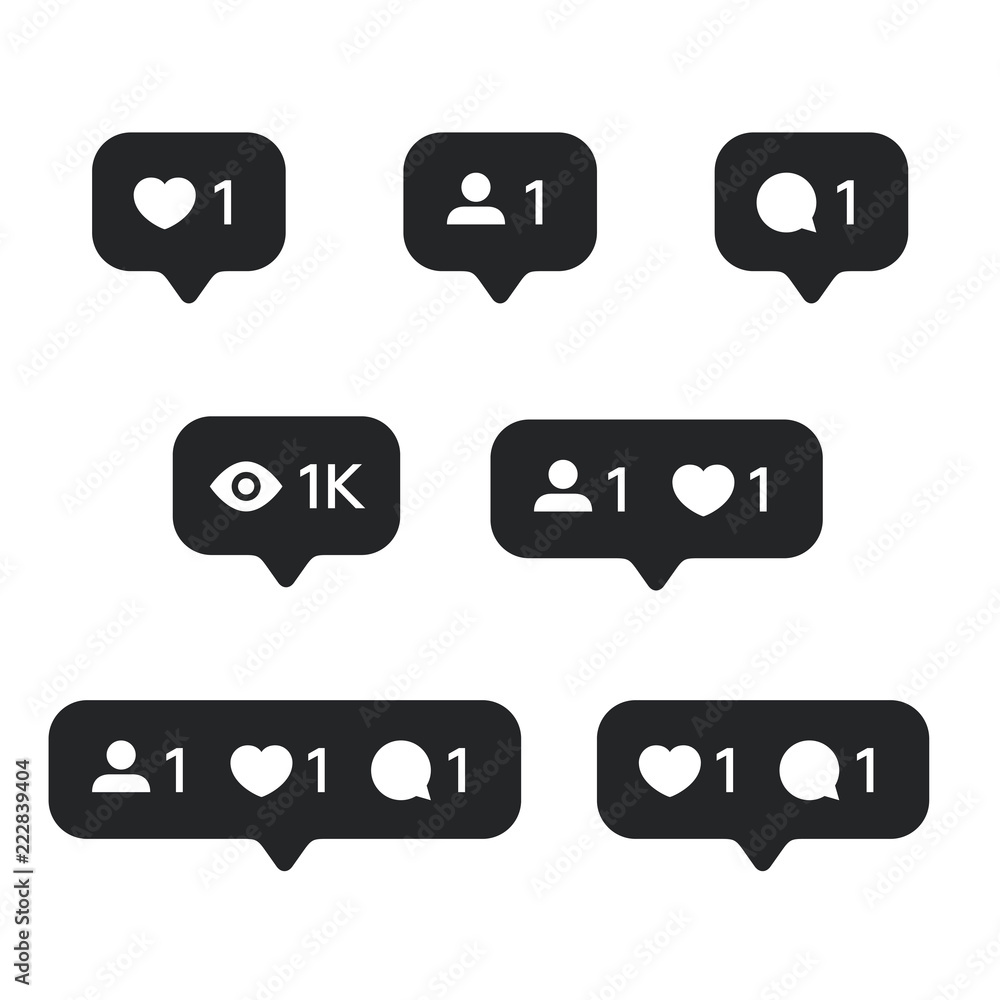 Red Heart like, new message bubble, friend request quantity number notifications icons templates. Social network app icons. Red Heart like, new message bubble, friend request quantity number notifications icons templates. Social network app icons.