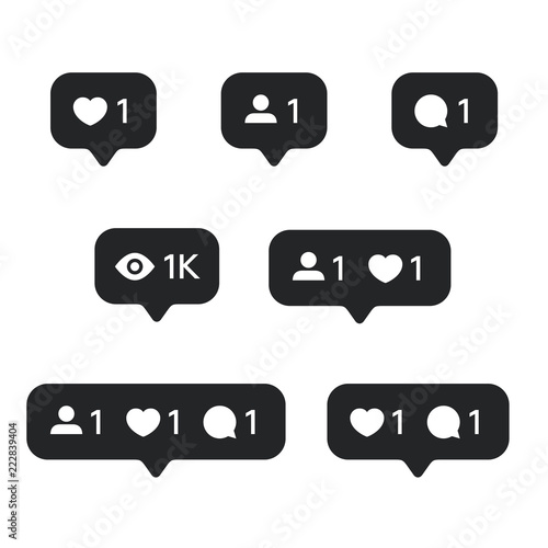 Red Heart like, new message bubble, friend request quantity number notifications icons templates. Social network app icons.