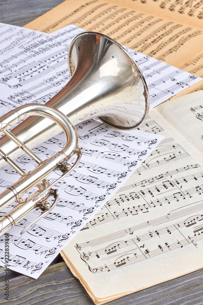 Naklejka premium Trumpet and musical notes, vertical image. Musical background with classical instrument. Retro music concept.
