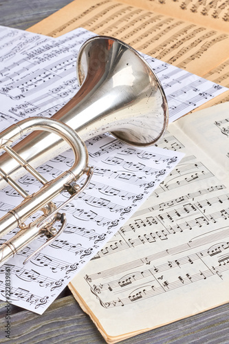 Trumpet and musical notes  vertical image. Musical background with classical instrument. Retro music concept.