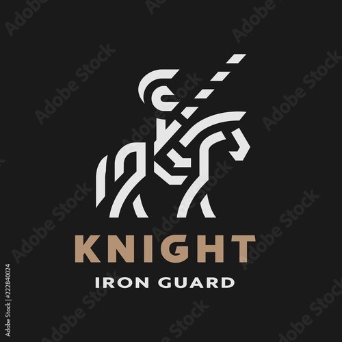 Equestrian knight, linear logo, symbol on a dark background. Vector illustration.