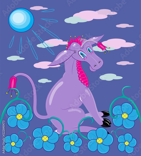 Donkey of violet color among flowers
