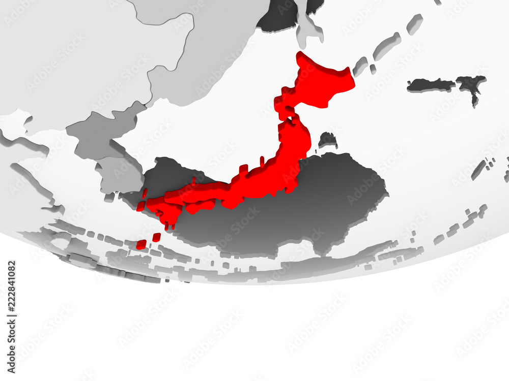 Map of Japan on grey political globe