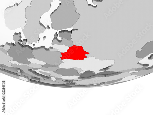 Map of Belarus on grey political globe
