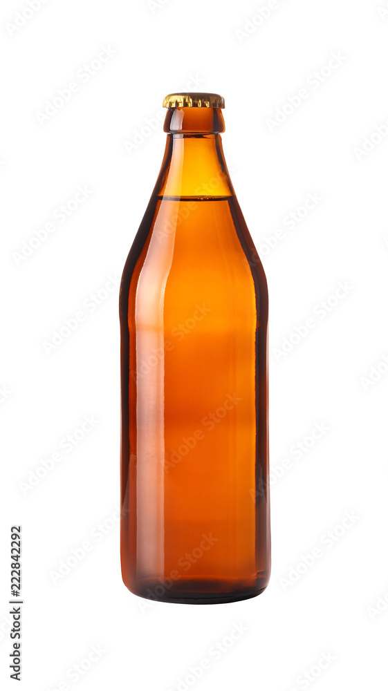 Close up one brown beer bottle isolated on white Close up one brown beer bottle isolated on white