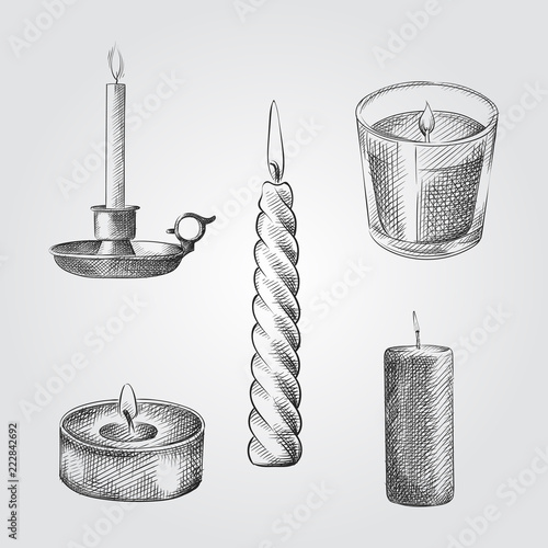 Hand Drawn Burning Candles Sketches Set. Collection Of different candles Sketches on white background isolated in retro style