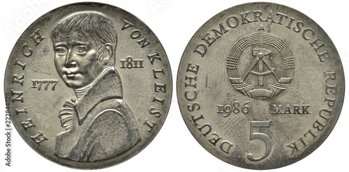 East Germany German coin 5 five mark 1986, Subject dramatist and poet Heinrich von Kleist, bust left, divides dates, arms, hammer and compass flanked by grain stalks, date and value below, photo