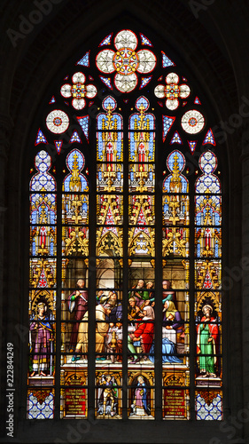 Stained glass window in old church in Belgium