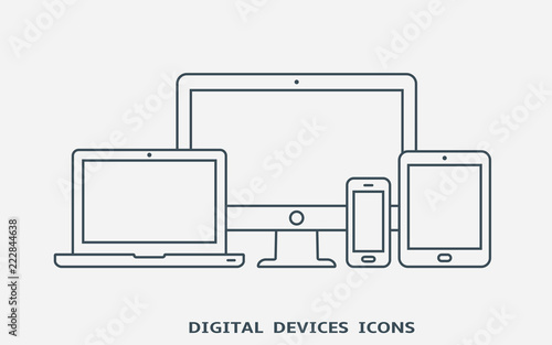 Set of devices icons. Monitor, laptop, tablet pc and smart phone.