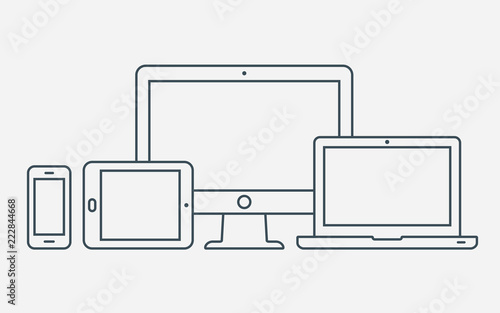 Vector outline icons. Monitor, laptop, tablet pc and smartphone