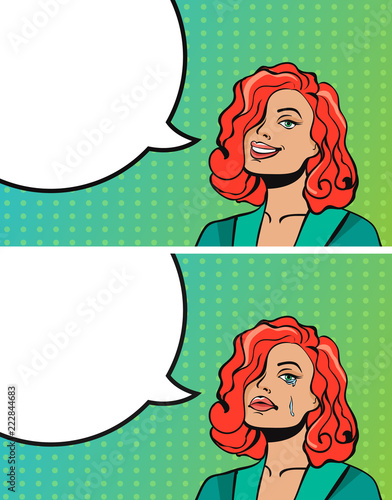 Happy and sad young business office worker woman girl character crying and smiling. Retro dot comics style emoji. Vector cartoon graphic design isolated illustration