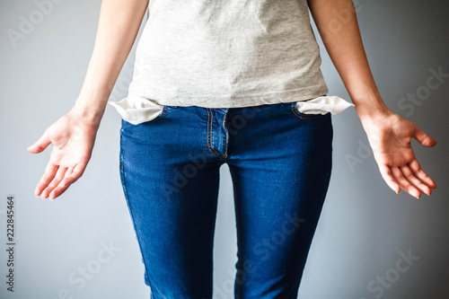 No money concept, Woman with empty pockets