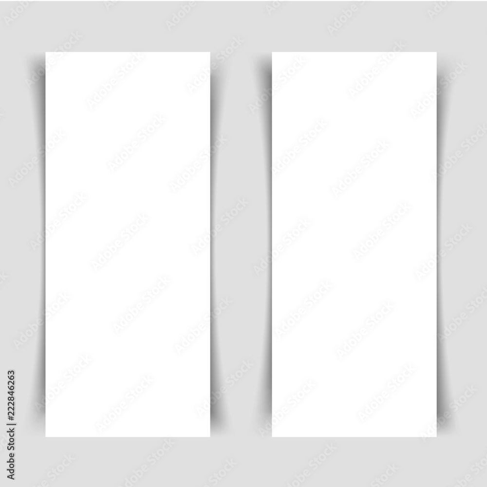 Mok-up of two narrow vertical flyers with shadow on a gray background. Template for the presentation of banners, posters, postcards and invitations. Vector illustration.