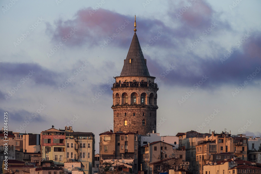 View of Istanbul with the Galata Tower in the middle. Evening photo.