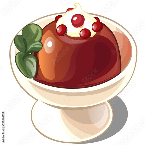 Chocolate pudding with whipped cream, cranberries and mint leaves. Illustration for cookbook isolated on white background. Vector cartoon close-up illustration.