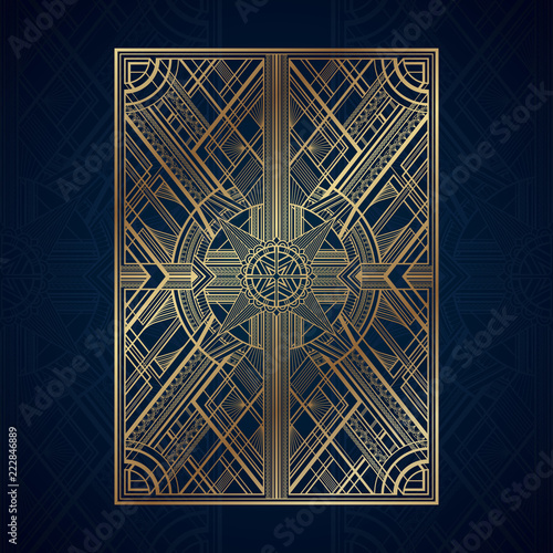 Gold art deco panels on dark blue background