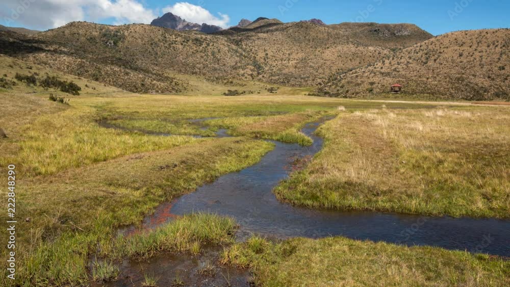 Water draining from an Andean bog time lapse. In Cotopaxi National Park, Ecuador with the extinct Ruminahui Volcano in background Water draining from an Andean bog time lapse. In Cotopaxi National Park, Ecuador with the extinct Ruminahui Volcano in background