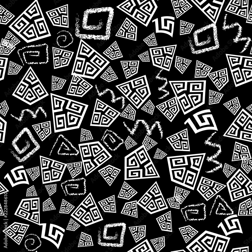 Black and white doodle greek vector seamless pattern. Abstract monochrome geometric background. Chalk tribal ethnic style greek key meander ornament, shapes, triangles, circles, squares, zigzag