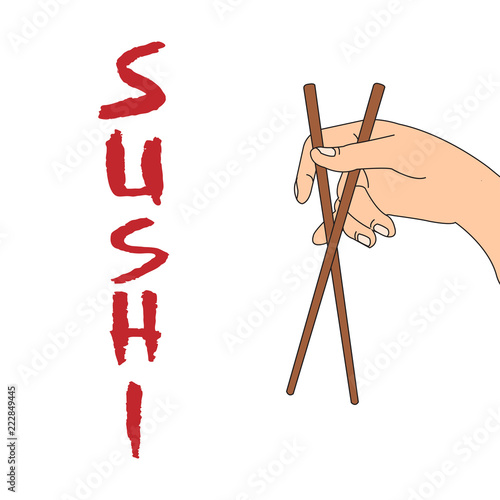 chopsticks holding sushi roll. concept of snack, susi, exotic nutrition, sushi restaurant, sea food. isolated on white background. flat style trend modern logotype design vector