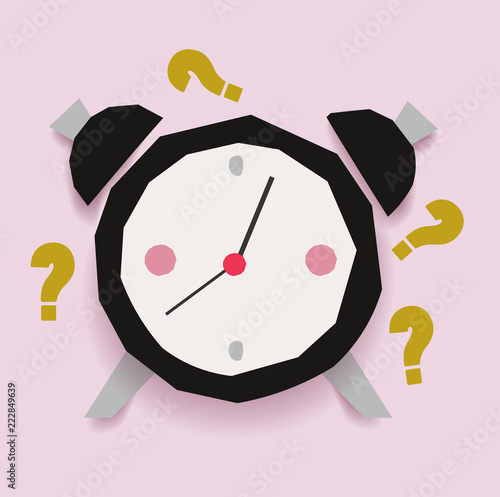 Retro vintage abstract clock with question signs. Alarm clock ringing.