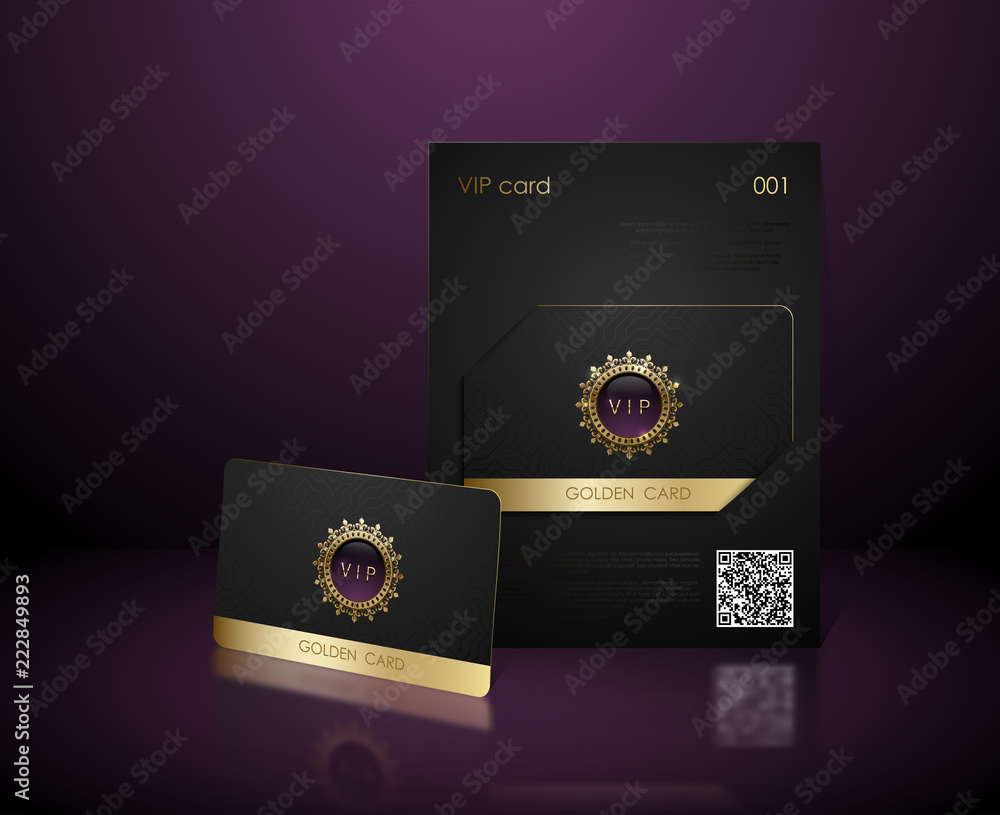 Vector black vip card presentation with golden frame. VIP membership or