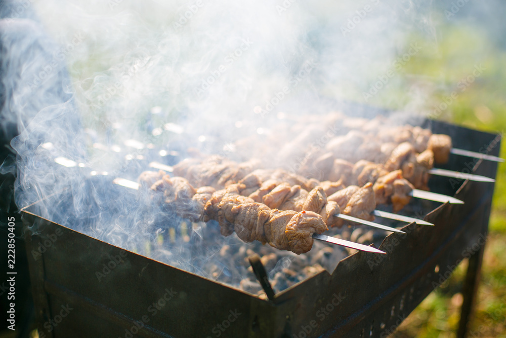 Making kebab in the open air close-up. Meat cooked on charcoal Making kebab in the open air close-up. Meat cooked on charcoal
