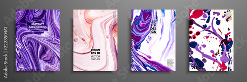 Set of universal vector cards. Liquid marble texture. Colorful design for invitation, placard, brochure, poster, banner, flyer. Artistic covers design. Creative fluid colors backgrounds.