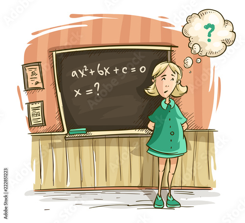 Schoolgirl at lesson in school. Girl by blackboard discouraged