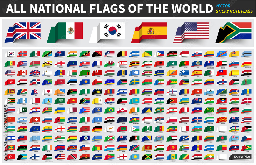 Fototapeta All official national flags of the world . Sticky note design . Vector