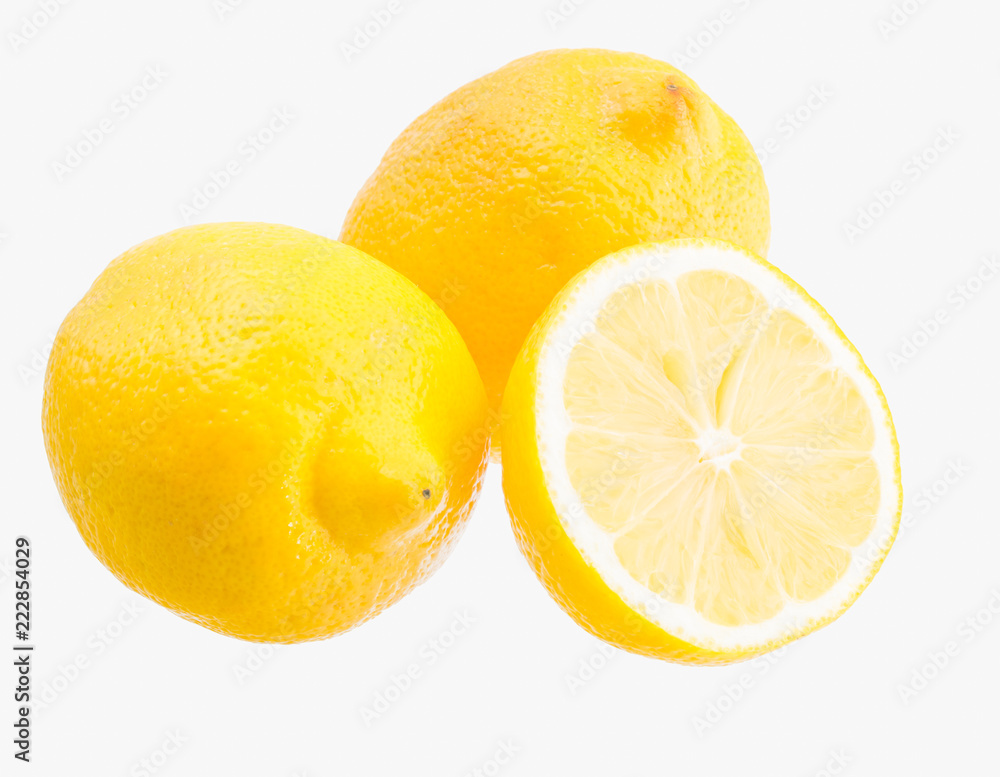 Three bright lemons isolated. Yellow fresh vitamin C source. Three bright lemons isolated. Yellow fresh vitamin C source.