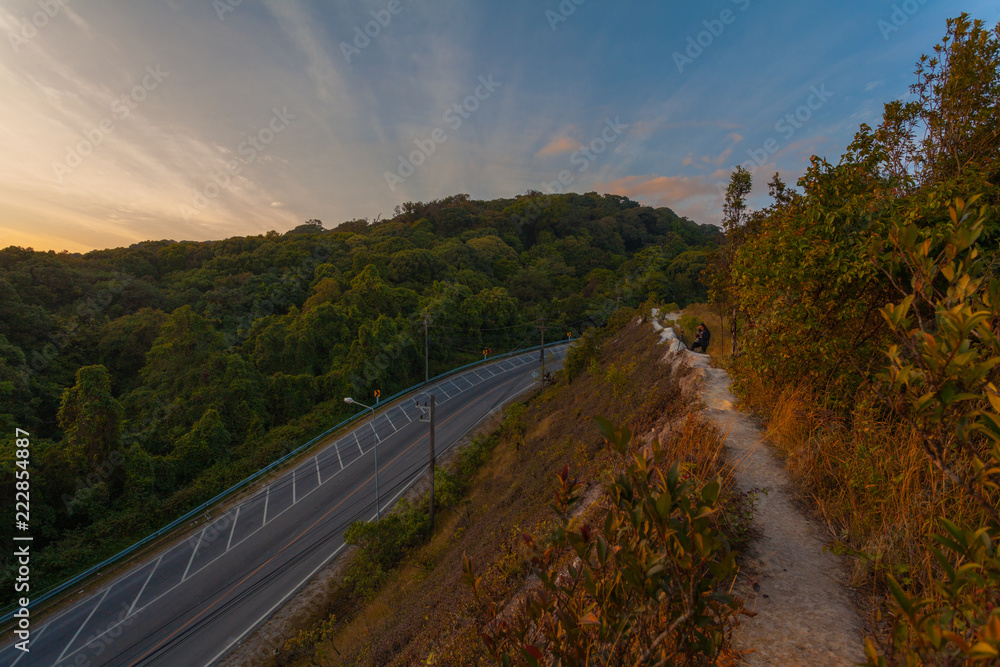 Fototapeta premium sunset between Noppamethanedol and Noppapol Phumsiri pagoda on Doi Inthanon national park..Doi Inthanon national park is the highest mountain of Thailand