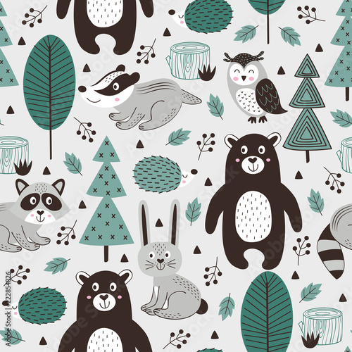 seamless pattern with forest animals on gray background Scandinavian style - vector illustration, eps