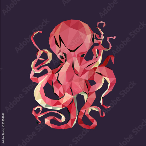 Colorful polygonal style design of wild creature octopus in pink colors on a violet background