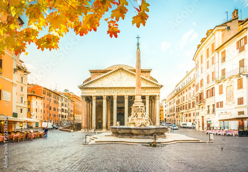 view of famous ancient Pantheon church with fountain in Rome, Italy at fall