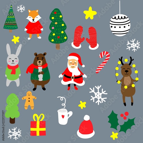 Christmas set with cartoon New Year characters. Collection of xmas elements for greeting card design. Christmas icons.