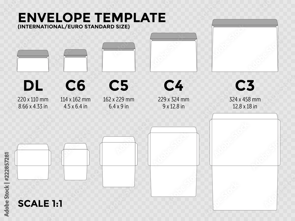 Vetor de Envelope template with international, euro standard sizes c6, c5,  c4, c3 for folded a4, a5 paper with cut lines do Stock | Adobe Stock