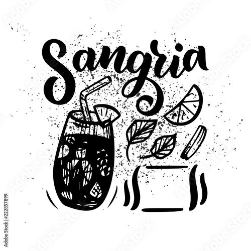 Freehand sketch style drawing of sangria, cocktail glass, various fruits and hand written lettering. Spanish Cocktail recipe. Vector illustration