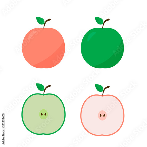 Apple icon flat style whole and half isolated on white background. Natural organic food concept. Fresh fruits vector illustration.
