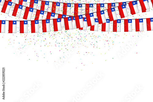 Vector realistic isolated party flags for Independence Day in Chile with confetti for decoration and covering on the white background. Concept of Felices Fiestas Patrias.
