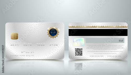 Vector realistic silver credit card with abstract geometric background. Golden element credit card metallic design template. Bank presentation with hologram, qr-code and magnetic strip.