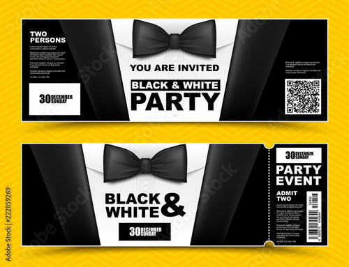 Vector horizontal black and white event invitations. Black bow tie businessmen banners. Elegant party ticket card with black suit and white shirt.