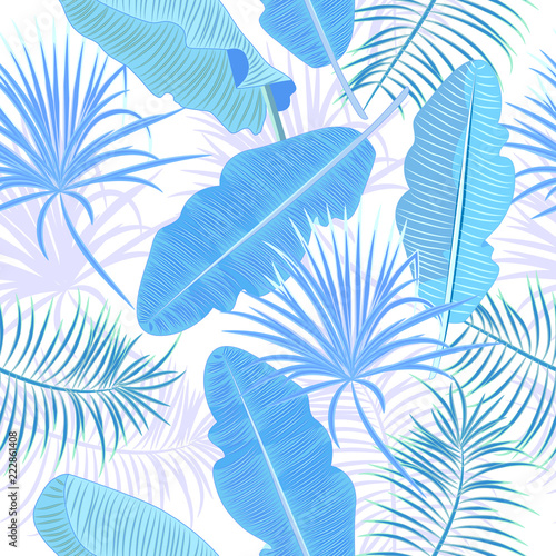 Seamless pattern of blue leaves banana. Tropical leaves of palm tree.