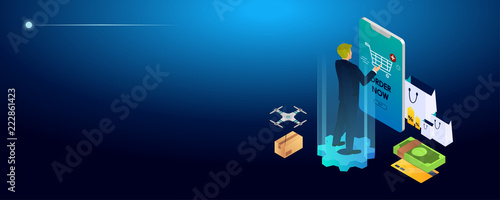 Concept of e-commerce sales, online shopping, digital marketing. Isometric vector illustration