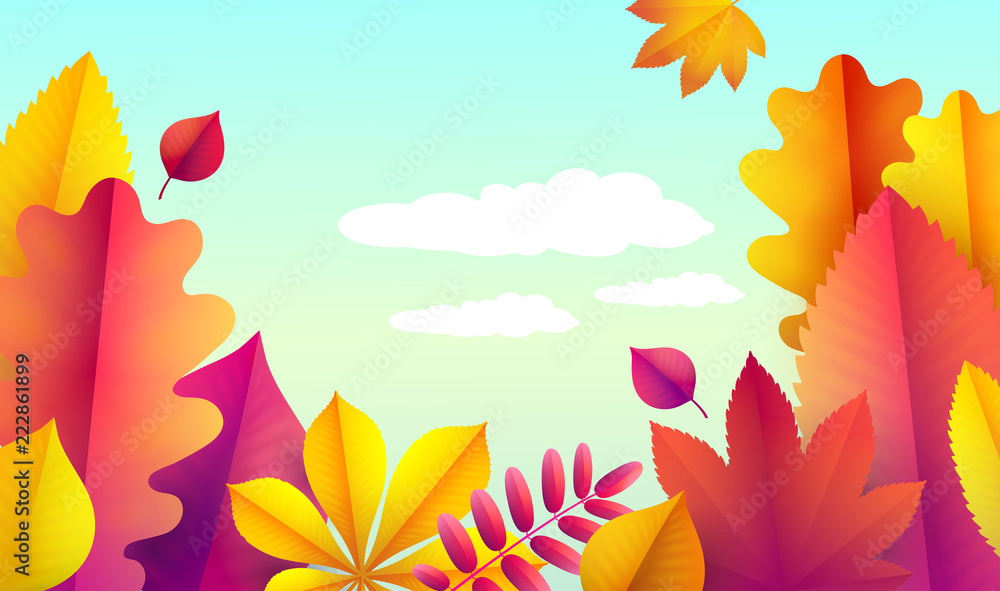 Autumn flyer template for your text. Vector Background of falling autumn leaves. Banner autumn landscape design template