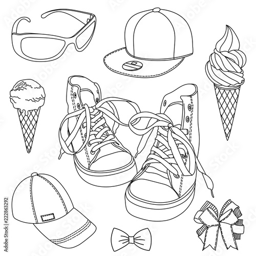 Sneakers, cap, sunglasses, ice cream, bow. The design elments. Vector illustration. photo